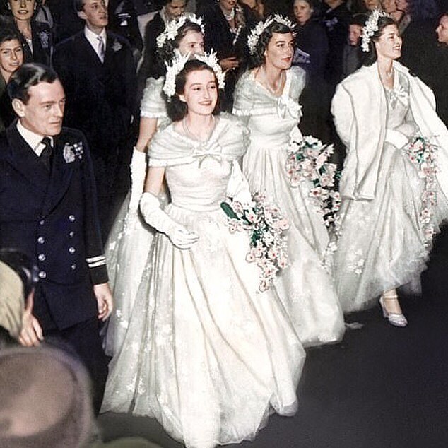 Queen Elizabeth's bridesmaids at her 1947 wedding. Photo: Courtesy of @indiahicksstyle